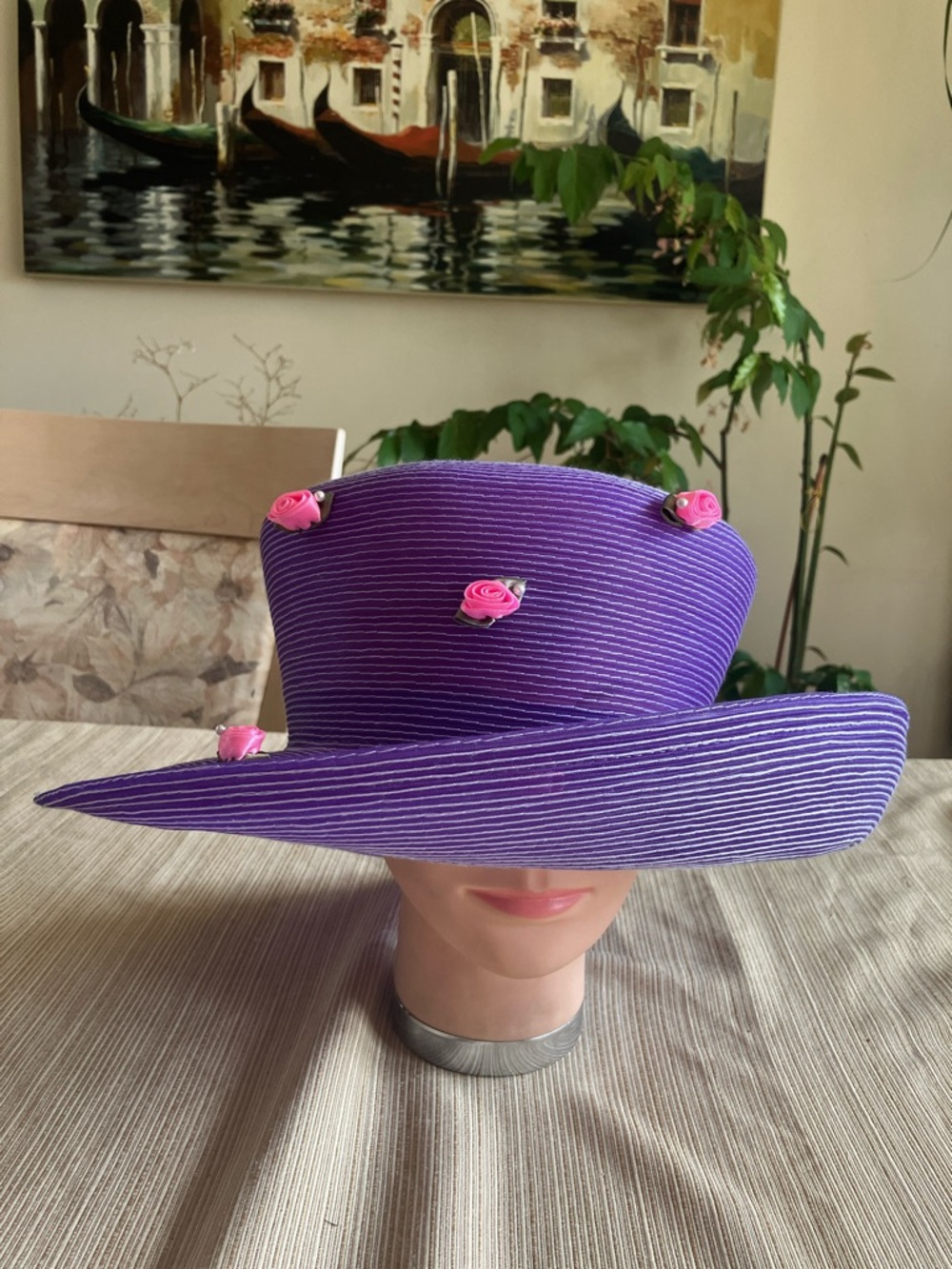 Purple Wide-Brim Hat with Pink Rose Accents